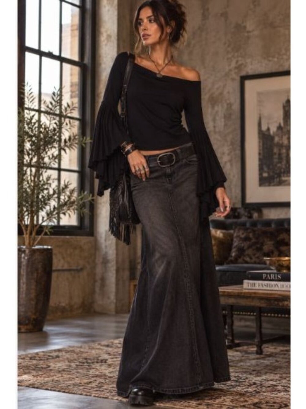FP We The Free Birds Of Paradise Top Black Bell Sleeve Whimsygoth Y2K Boho M